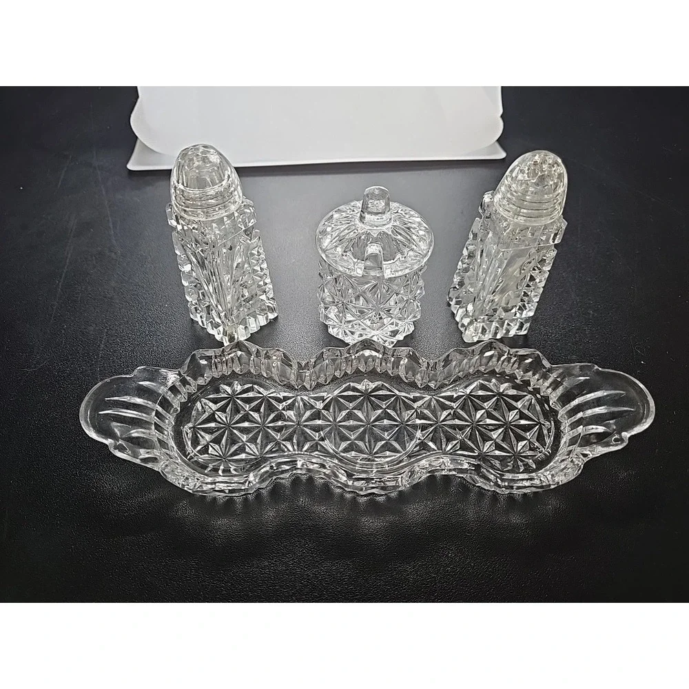 Vintage Crystal Glass Condiment Set Salt  Pepper Mustard Jam On Tray‎